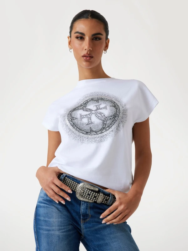 Guess Women's White Cotton Printed T-shirt - Fall/Winter Collection