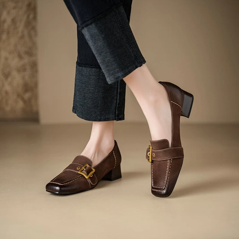 Women’s Genuine Leather Square Toe Loafers with Chunky Heel