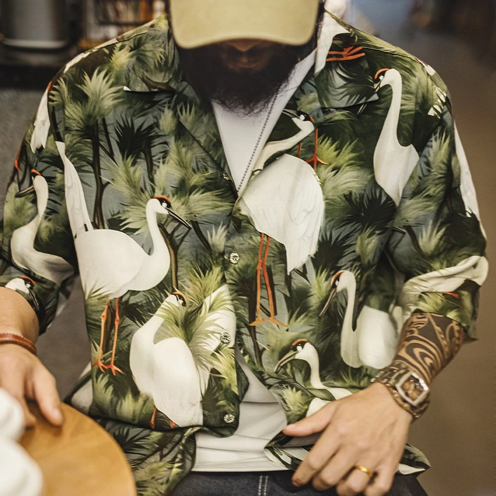 Men’s Retro Crane Print Cuban Collar Shirt