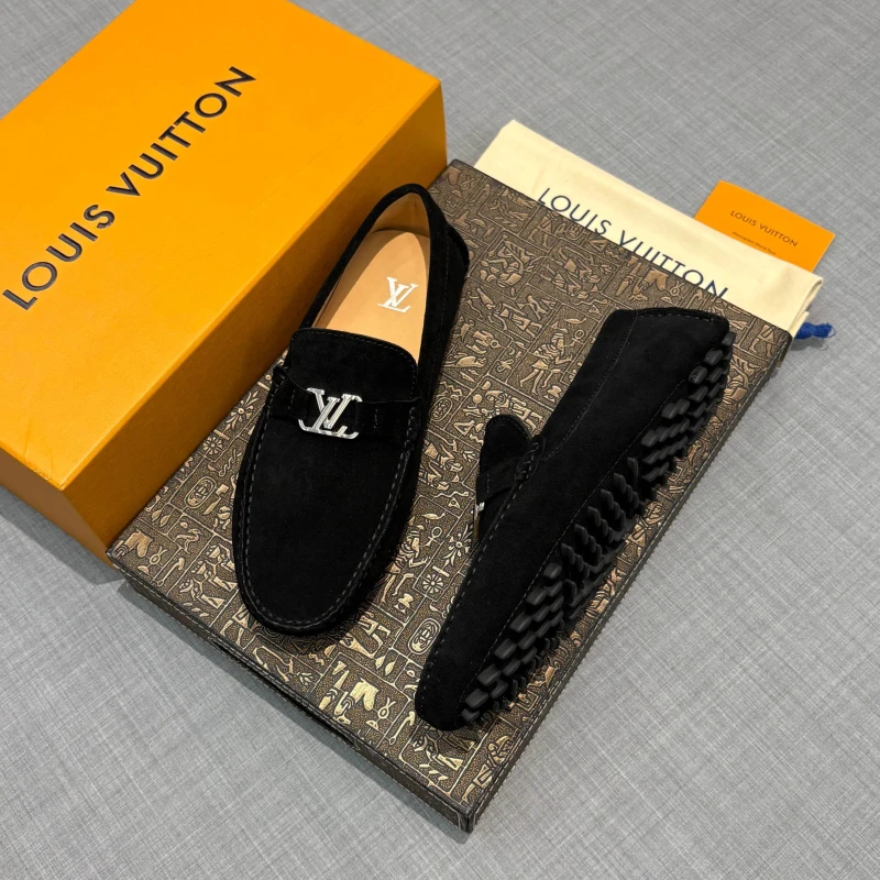 Classic Jet Black Suede Louis Vuitton Men's LV Initial Buckle Loafers