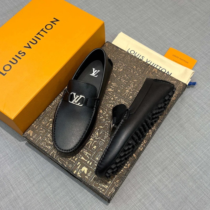 Cross-Hatch Textured Matte Black Louis Vuitton Men's Taiga Leather LV Initial Buckle Loafers